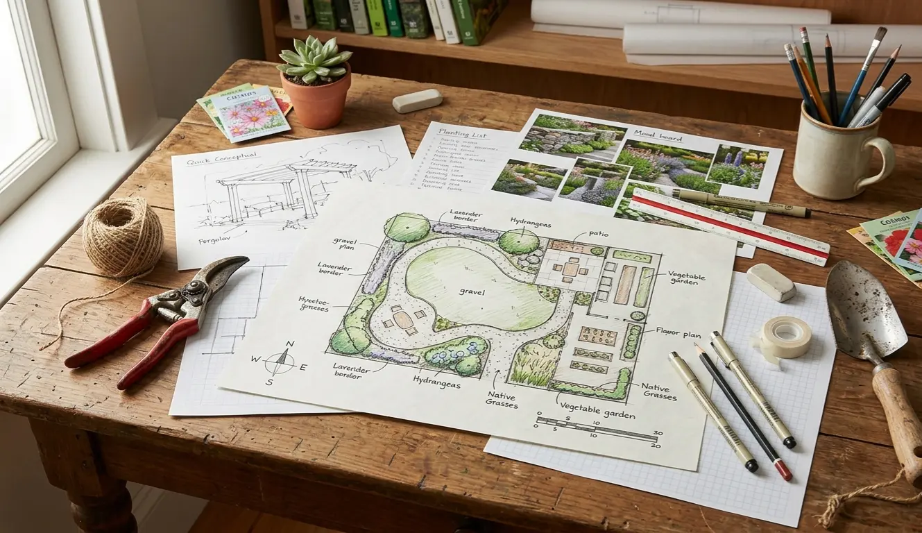 Garden design sketches and landscaping tools on a desk